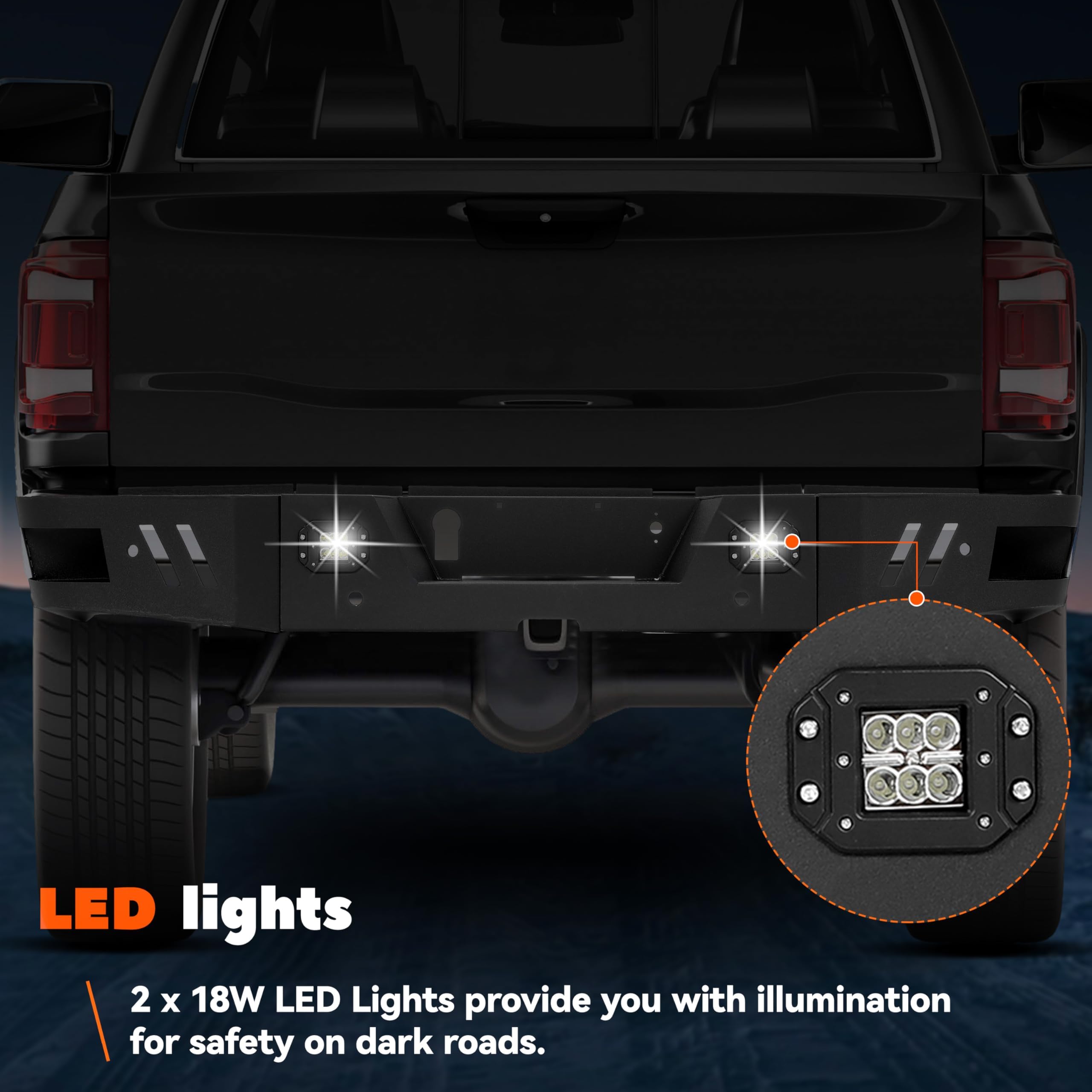 KUAFU Heavy Duty Rear Step Bumper with 2x18W LED Lights | Compatible with 2010-2024 Dodge Ram 2500/3500 | Steel Bumper Guard for Off-Roading & Truck Protection