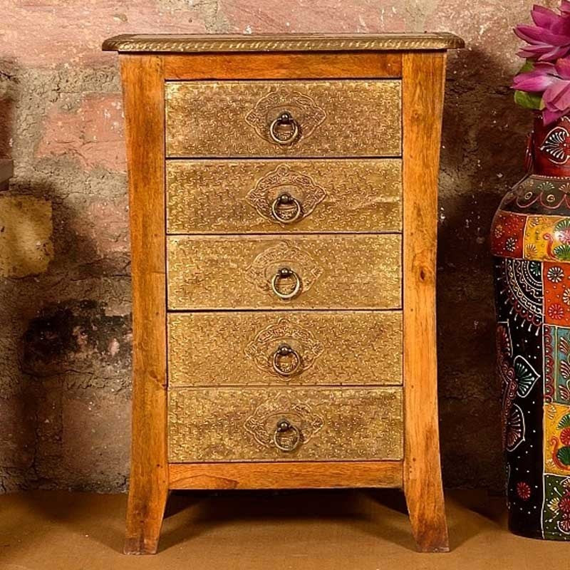 Antique Brass Embossed Murad Chest of Drawers - Vintage Ethnic Furniture for Bedroom, Living Room & Home Decor