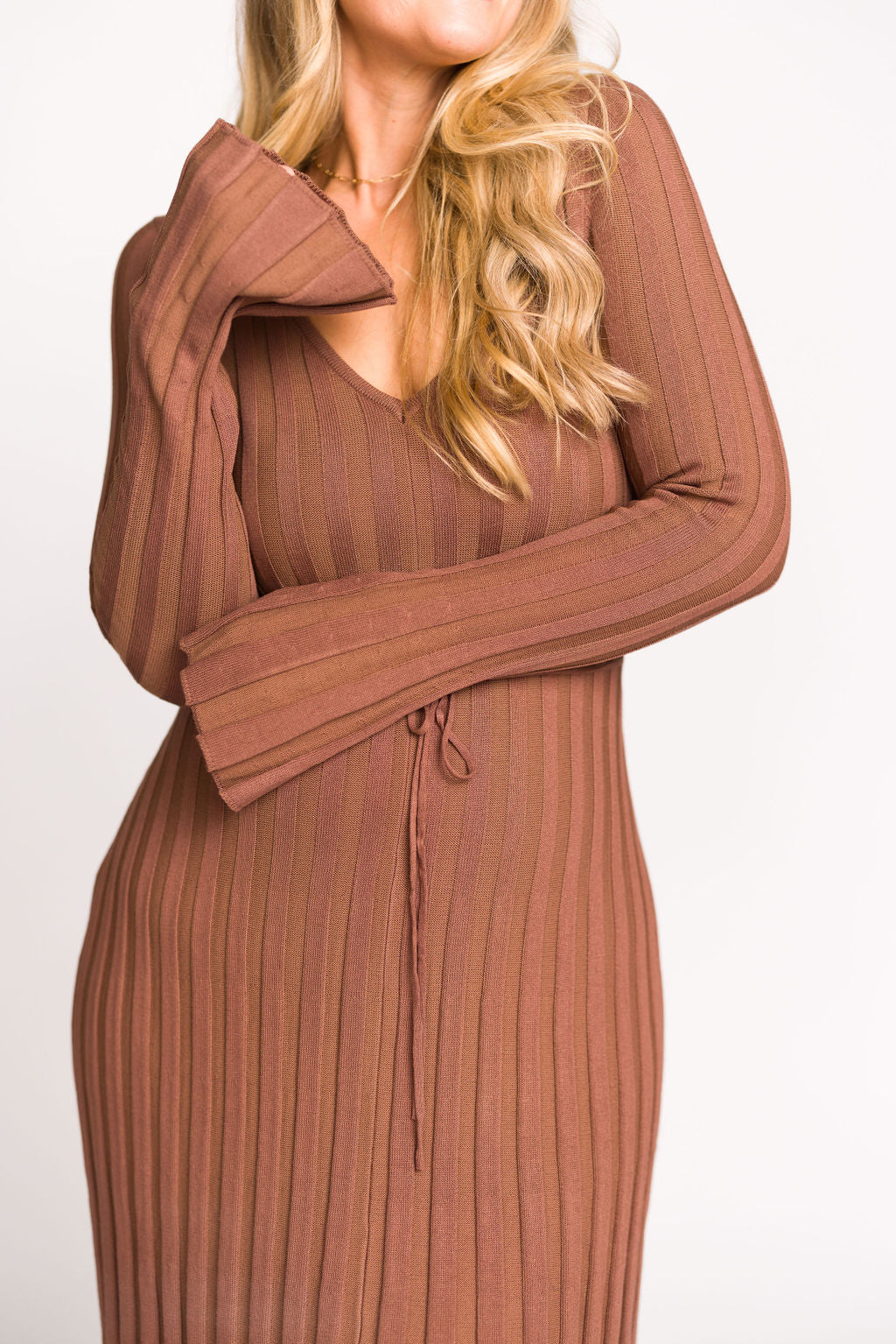 Hadley Long Sleeve V Neck Knit Maxi Dress in Cocoa - Women's Elegant Casual Maxi Dress for Fall & Winter | Perfect for Office, Date Night & Holiday Parties