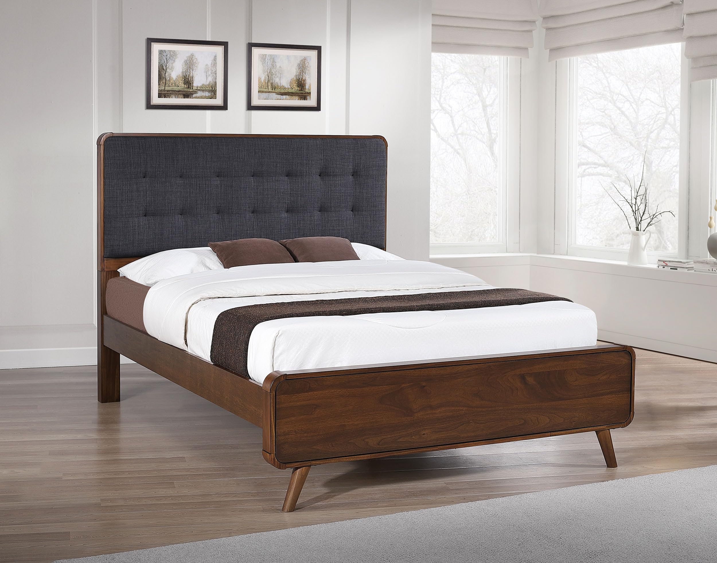 Coaster Home Furnishings Robyn Contemporary Fabric Upholstered Queen Size Platform Bed Frame with 53-inch Dark Walnut Headboard - Modern Bedroom Furniture for Master Suite, Guest Room & Apartment Living