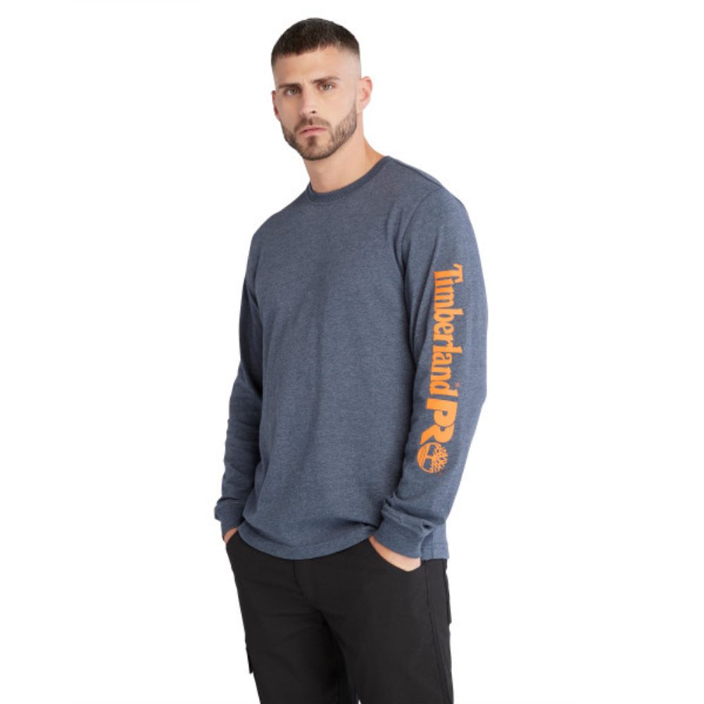 Timberland PRO Men's Core Logo Long Sleeve T-Shirt - Moisture Wicking Work Shirt, Blue Heather - Perfect for Construction, Outdoor Work & Casual Wear