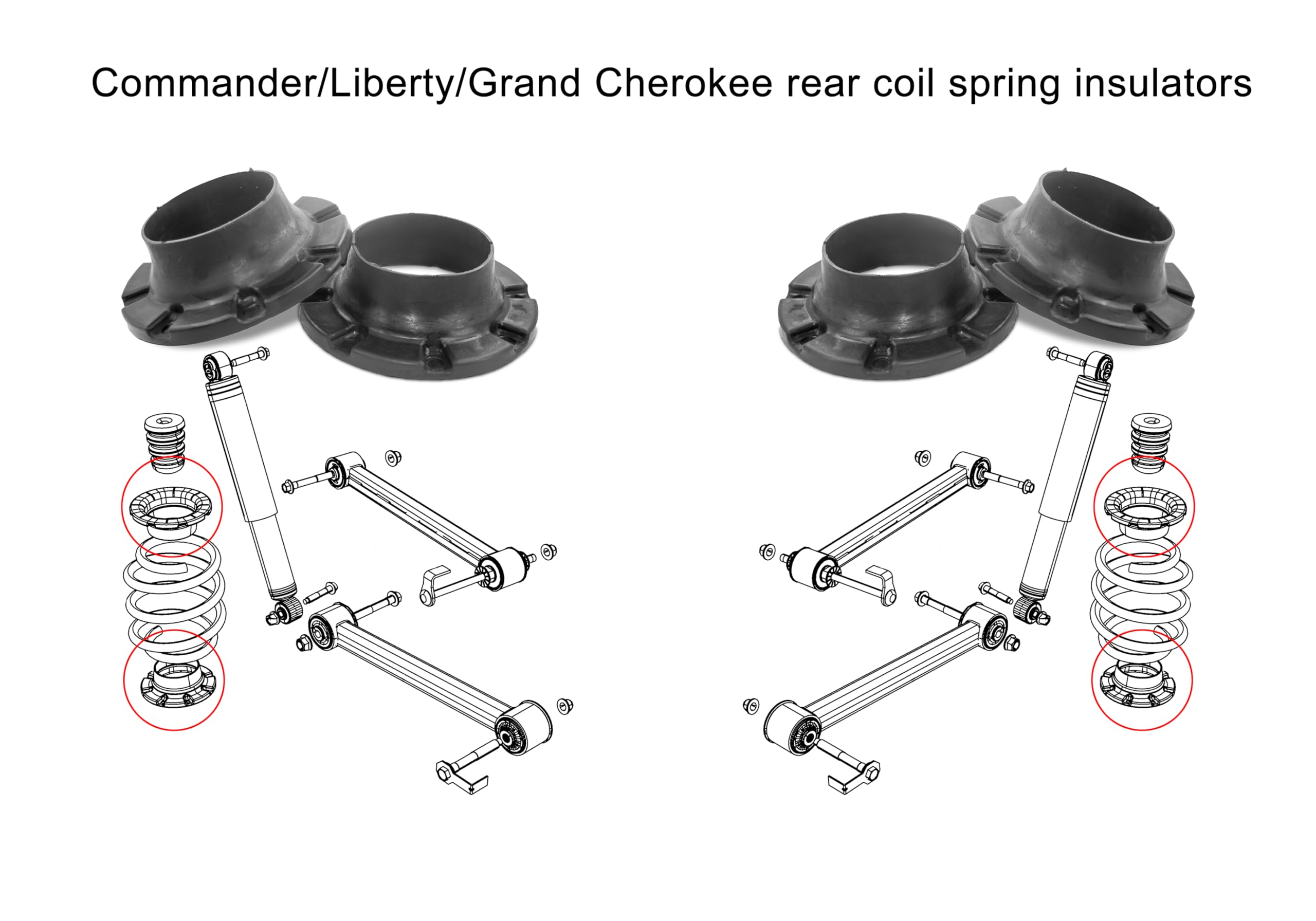 Jeep Rear Coil Spring Insulators & Isolators - Compatible with 2006-2010 Commander XK, 2005-2010 Grand Cherokee WK, 2008-2012 Liberty KK (Stock Height, 4-Pack) - Improve Ride Comfort & Reduce Noise for Off-Road Adventures & Daily Driving