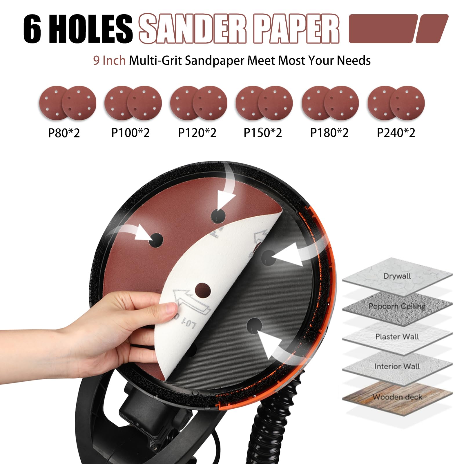 780W Electric Drywall Sander with Vacuum Dust Collection - 1800RPM Variable Speed, LED Light, Dustless Wall & Popcorn Ceiling Removal Tool for Home Renovation & Professional Use