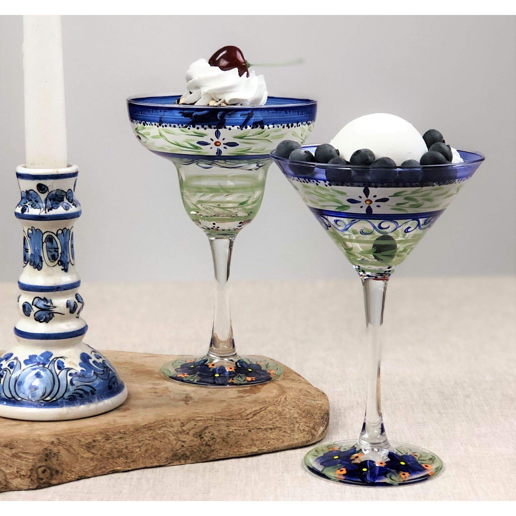 Set of 2 Hand-Painted Green Floral Margarita Glasses - 12 oz Stemware for Cocktails, Parties & Home Bar Decor