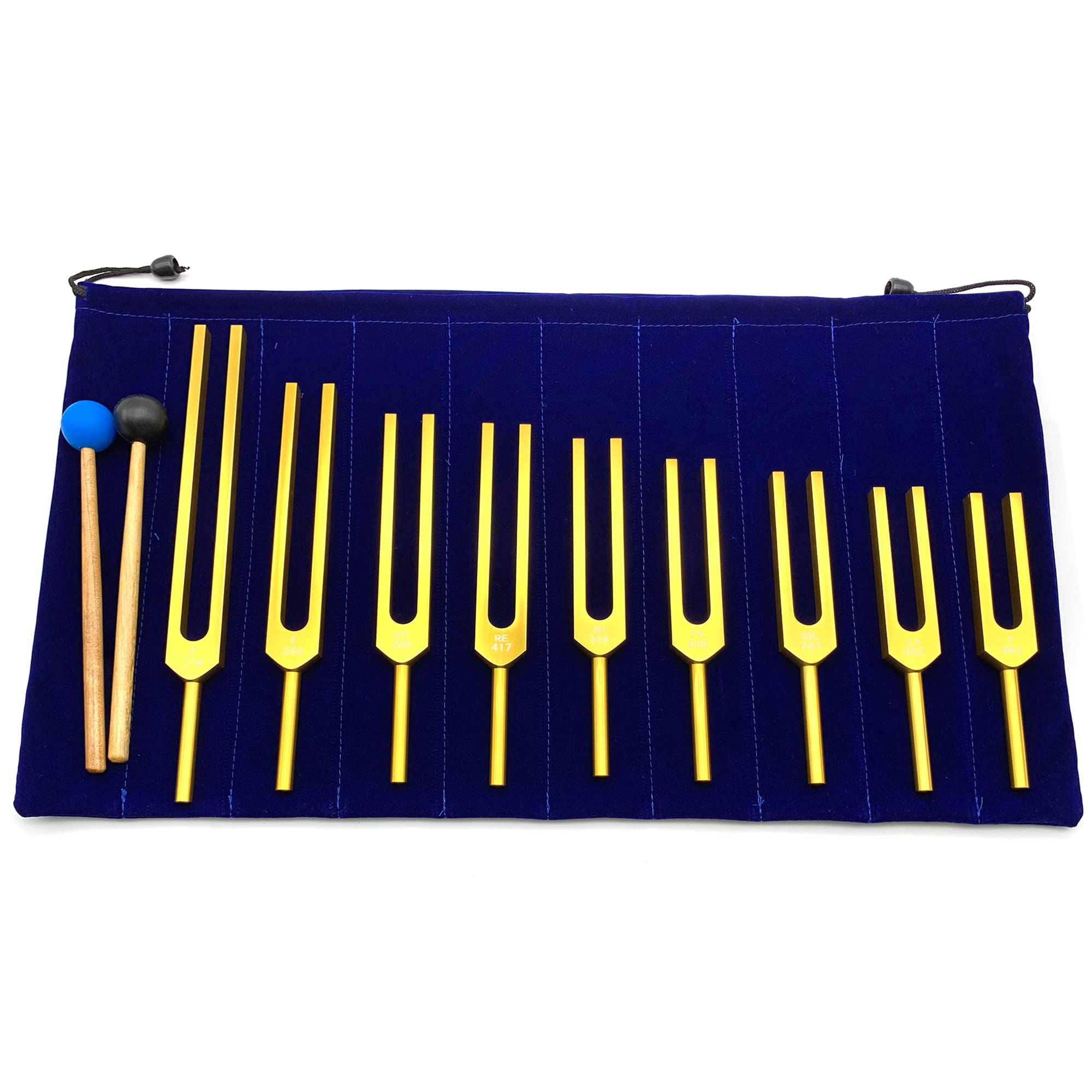Solfeggio Tuning Fork Set - 9 Golden Healing Forks with 2 Rubber Mallets & Velvet Pouch (174Hz-963Hz) for Sound Therapy, Chakra Balancing & Meditation