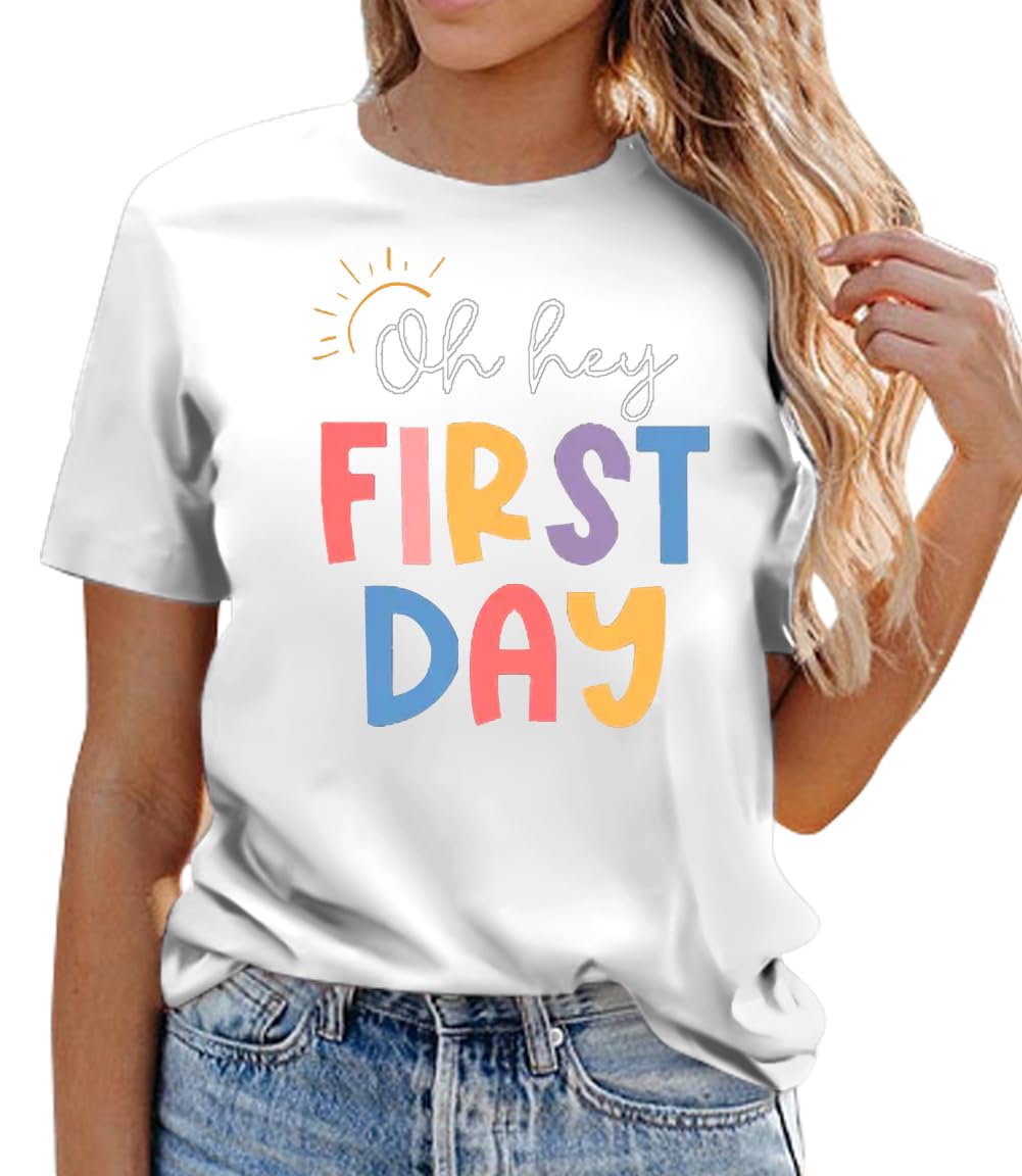 Happy First Day of School Teacher Shirts for Women - Cute Sunny Graphic Tee - Perfect Teacher's Day Gift & Back to School Apparel - Great for Classroom, Teacher Appreciation Week & Casual Wear