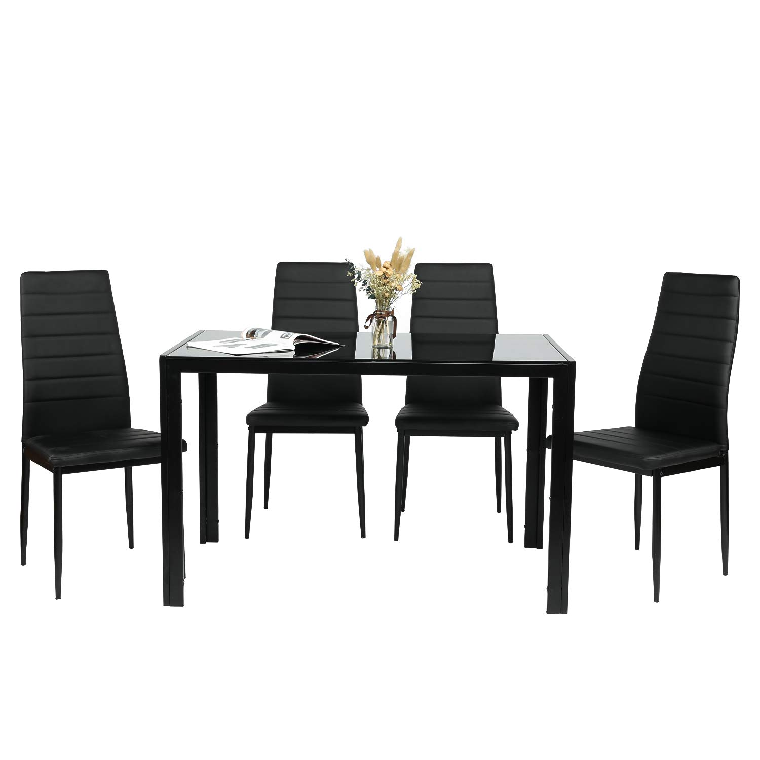 BAHOM 5-Piece Glass Dining Table Set for 4 with PU Leather Chairs - Modern Kitchen Table & Chair Set for Breakfast, Dinner, Family Gatherings & Small Spaces (2 Boxes) | Perfect for Apartments, Condos & Cozy Homes