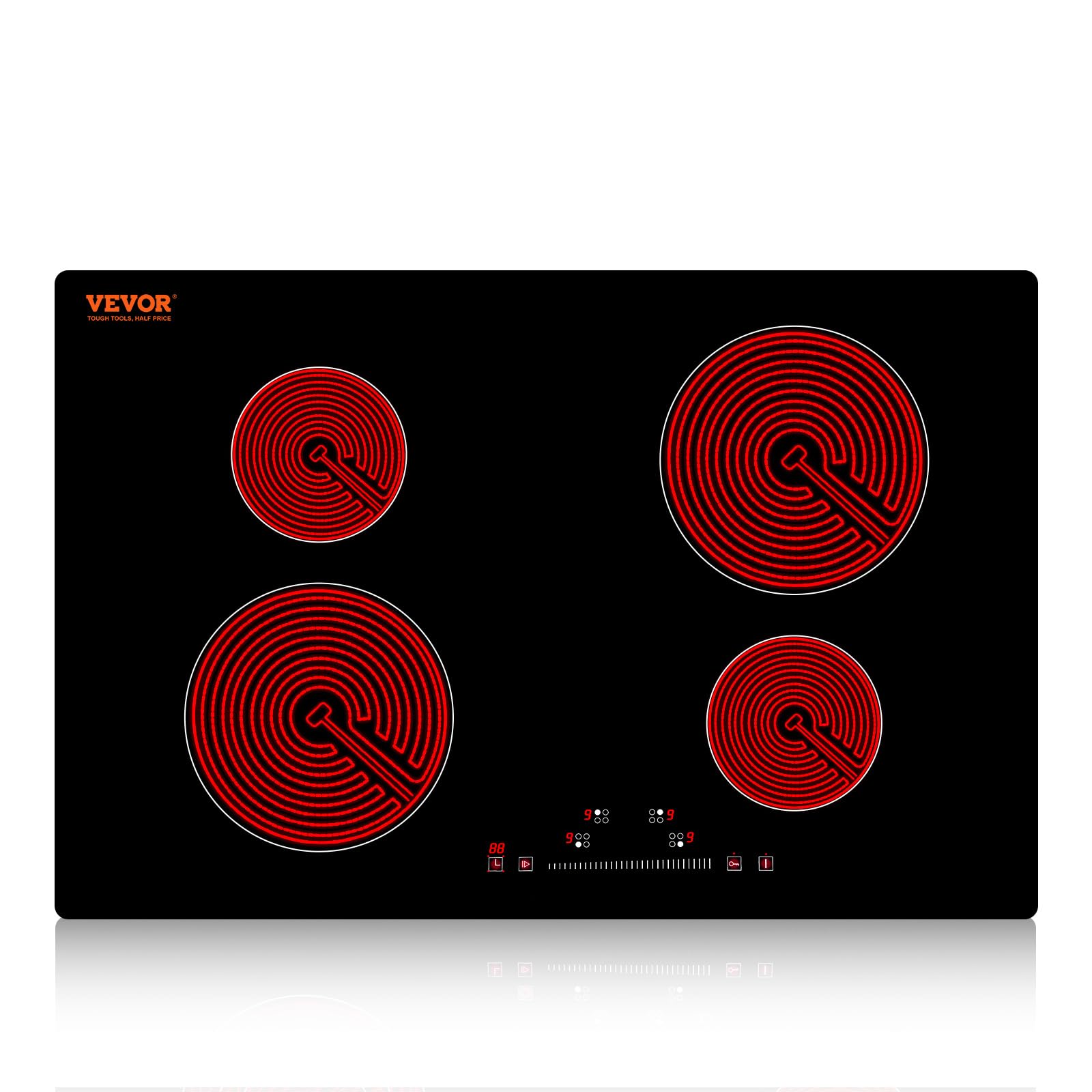 VEVOR 24 Inch Built-in Electric Stove Top with 4 Burners - 240V Glass Radiant Cooktop with Sensor Touch Control, Timer & Child Lock - 9 Power Levels for Simmering, Steaming, Slow Cooking & Frying - Perfect for Modern Kitchens, Home Chefs & Small Restaurants