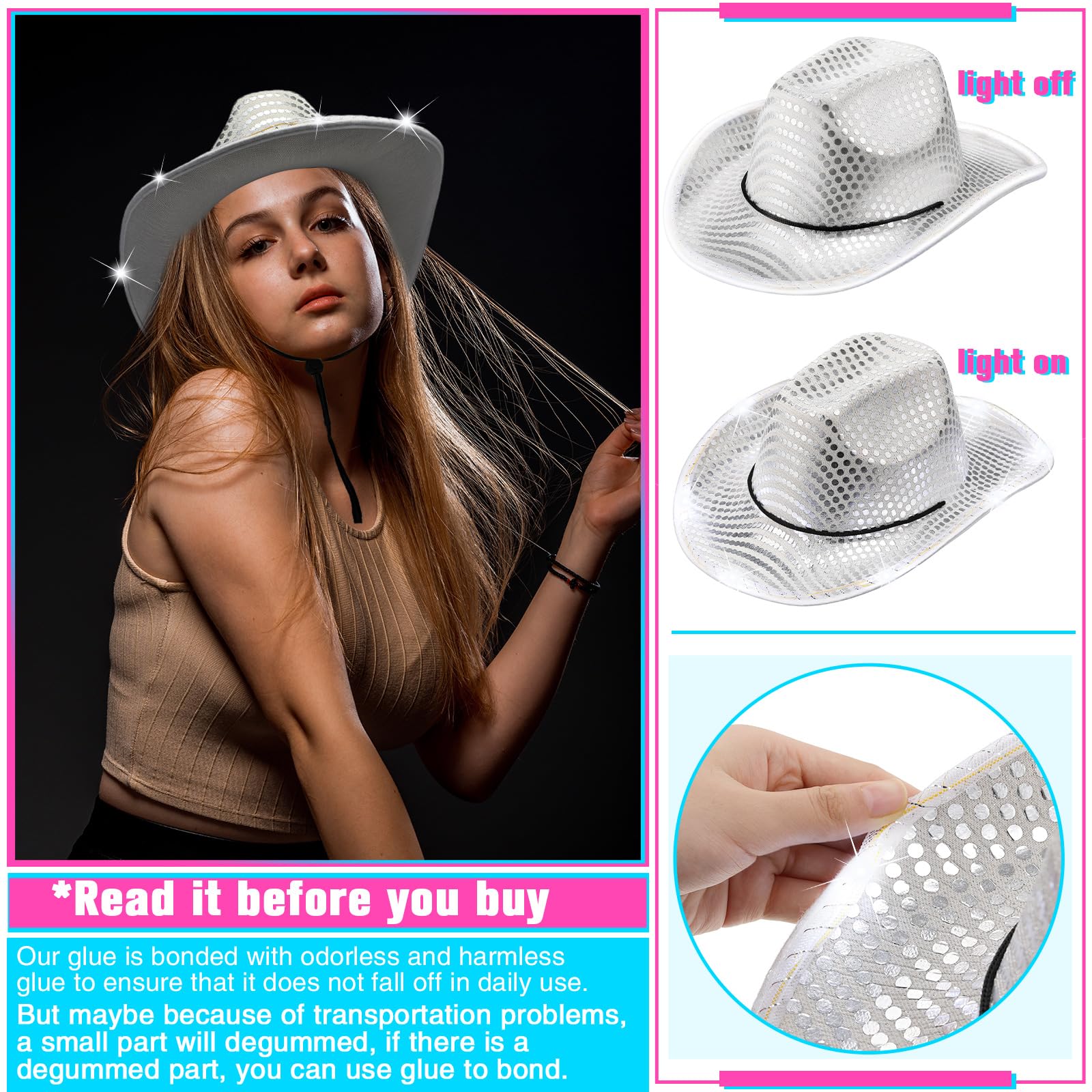 20 Pack LED Flashing Cowboy Cowgirl Hats - Light Up Western Party Hats for Bachelorette, Wedding, Bridal Showers & Country Themed Events - Perfect for Night Raves, Concerts, and Festivals