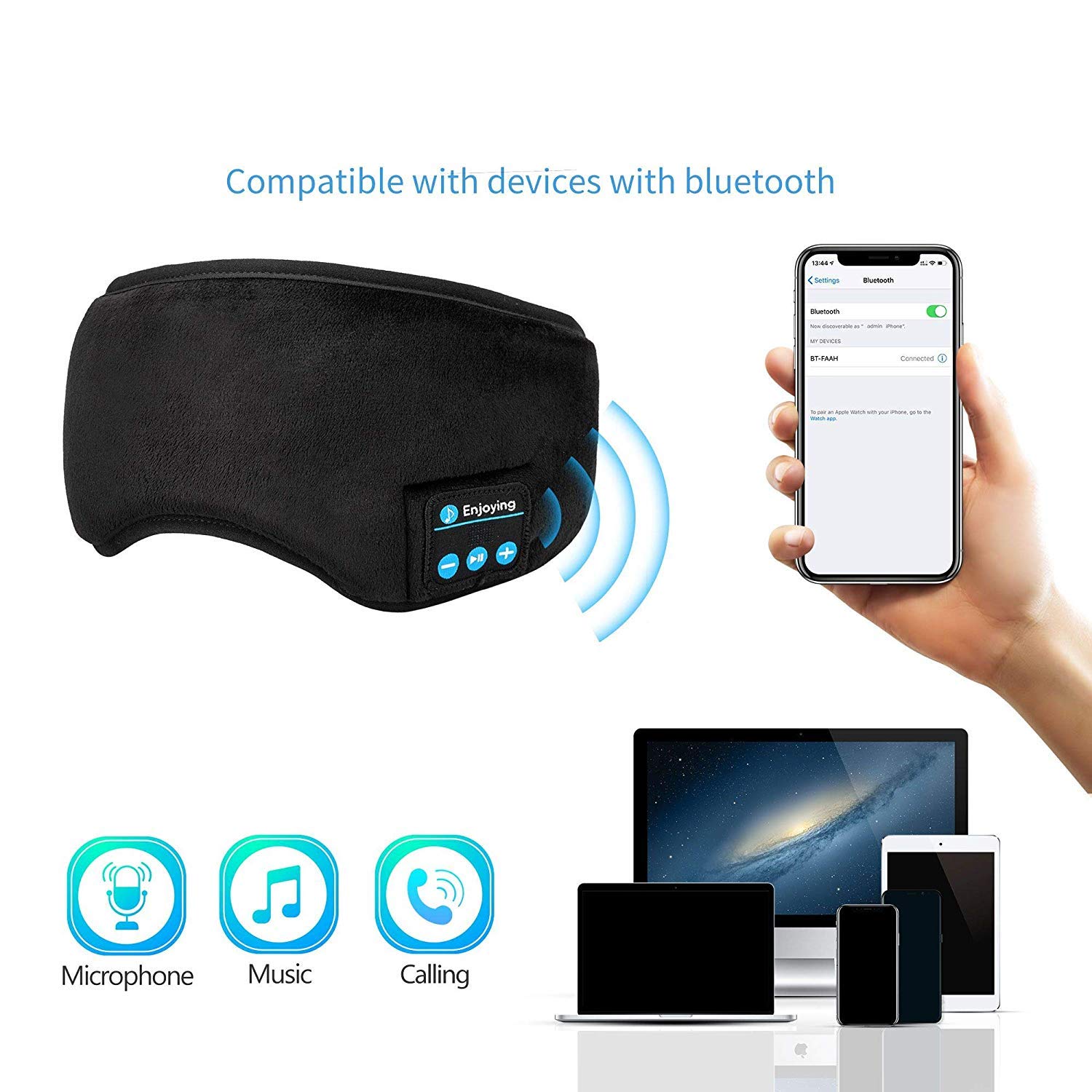 Joseche Bluetooth Sleep Mask with Built-in Headphones - Wireless 4.2 Sleep Eye Mask with Speakers & Mic for Travel, Meditation & Relaxation | Washable & Comfortable for Night Use, Airplane Sleeping & Nap Time