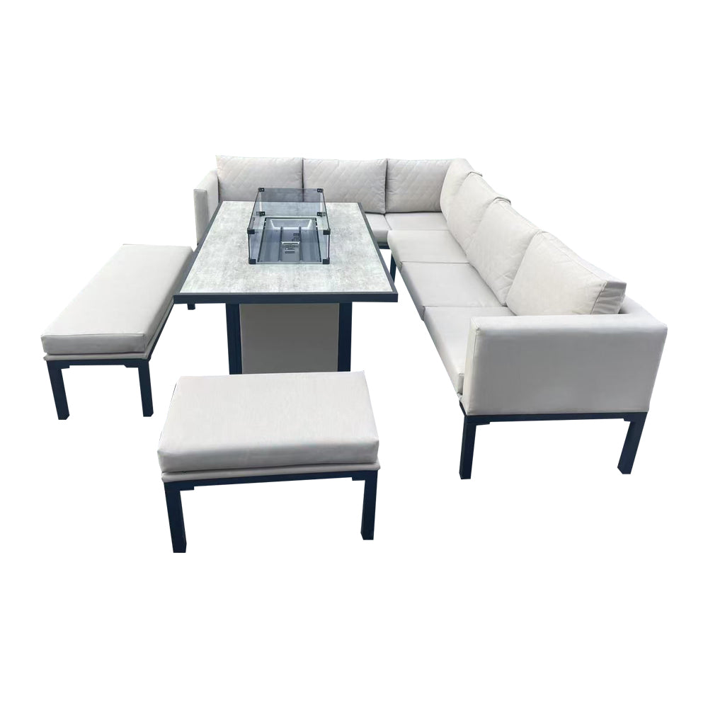 Malaga Beige L-Shaped Metal Patio Set with Rectangular Fire Pit Table - Outdoor Furniture for Garden, Backyard, and Poolside Relaxation