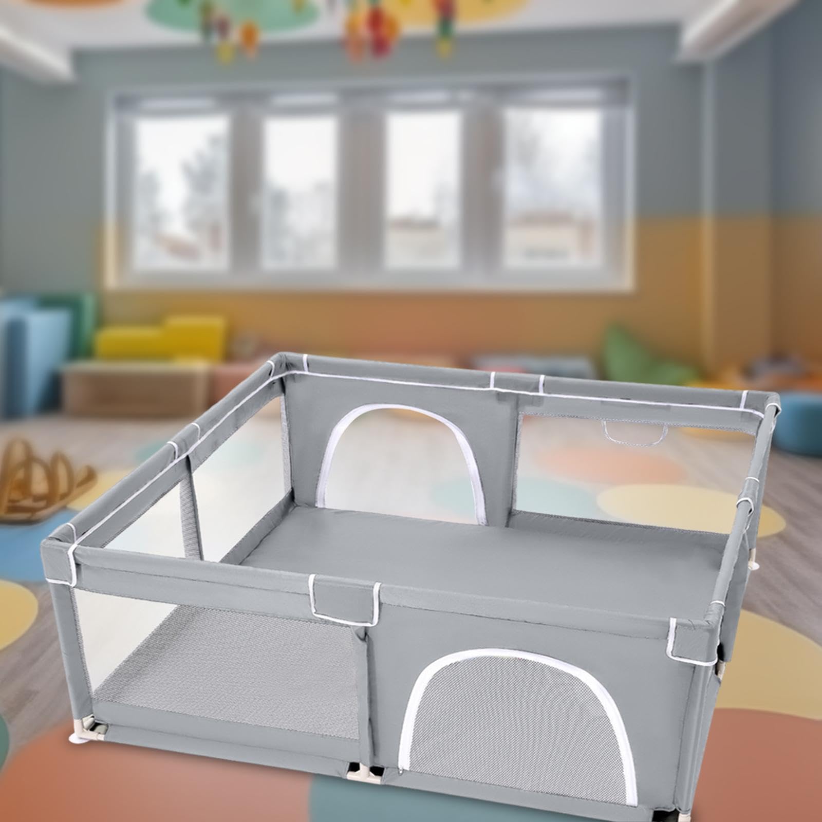 Harayaa Baby Playpen - 120cm Breathable Mesh Play Yard for Infants & Toddlers | Indoor/Outdoor Kids Activity Center for Nursery, Kindergarten & Home (Gray) | Safe Play Space for Crawling, Learning & Playtime