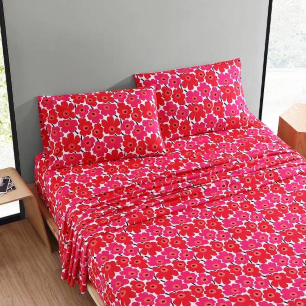 MARIMEKKO Queen Sheets - 100% Cotton Percale Bedding Set | Crisp & Cool Luxury Bed Linens | Unikko Floral Pattern | Perfect for Master Bedroom & Guest Room Decor