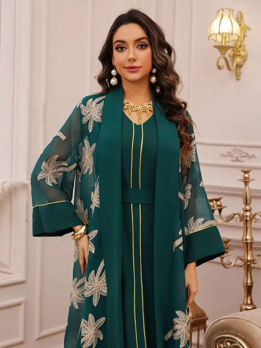 Urgarment 2 Piece Embroidered Eid Dress Set - Elegant Caftan Kaftan with Sleeveless Inner Dress #25481 | Perfect for Eid Celebrations, Weddings & Special Occasions