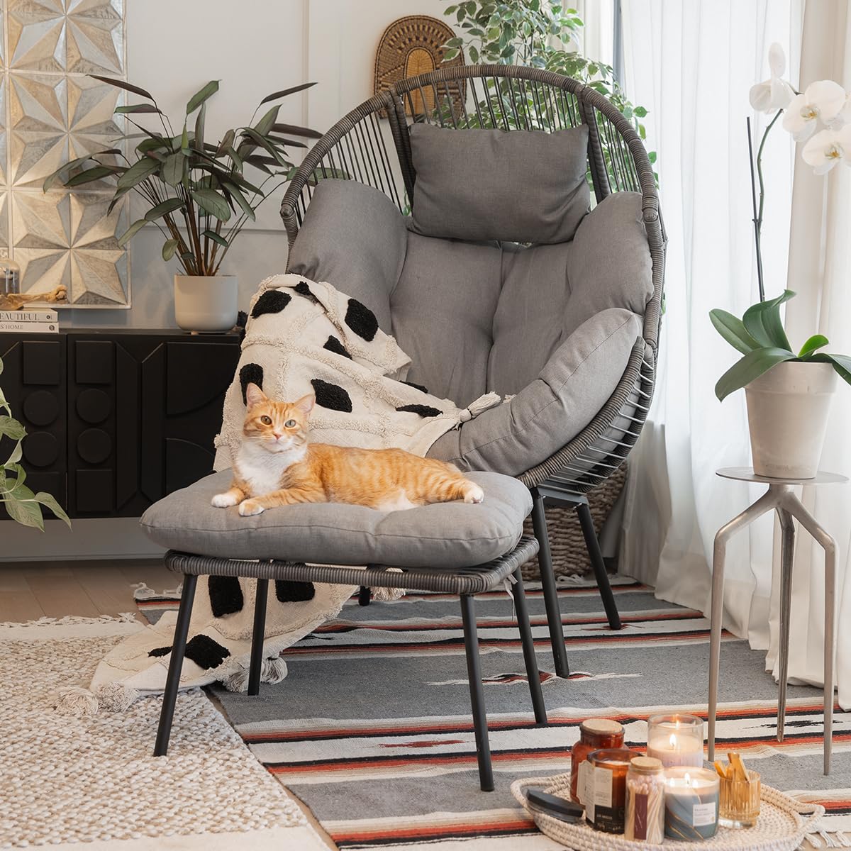**Barton 2-Piece Oversized Wicker Egg Chair with Ottoman - Teardrop Cocoon Style for Indoor & Outdoor Use - Perfect for Patio, Garden, or Cozy Living Room - Grey**
