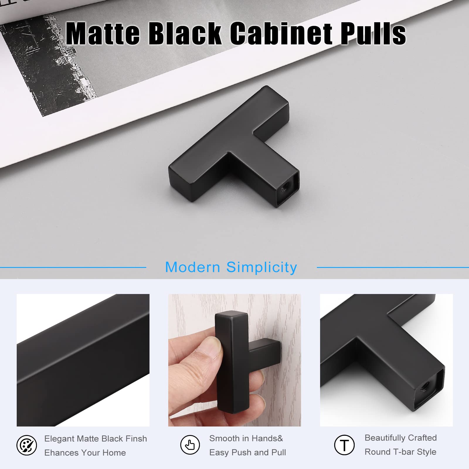 KNOBWELL 12 Pack Matte Black Cabinet Knobs - Stainless Steel T Bar Drawer Pulls for Kitchen & Bathroom - Single Hole 2