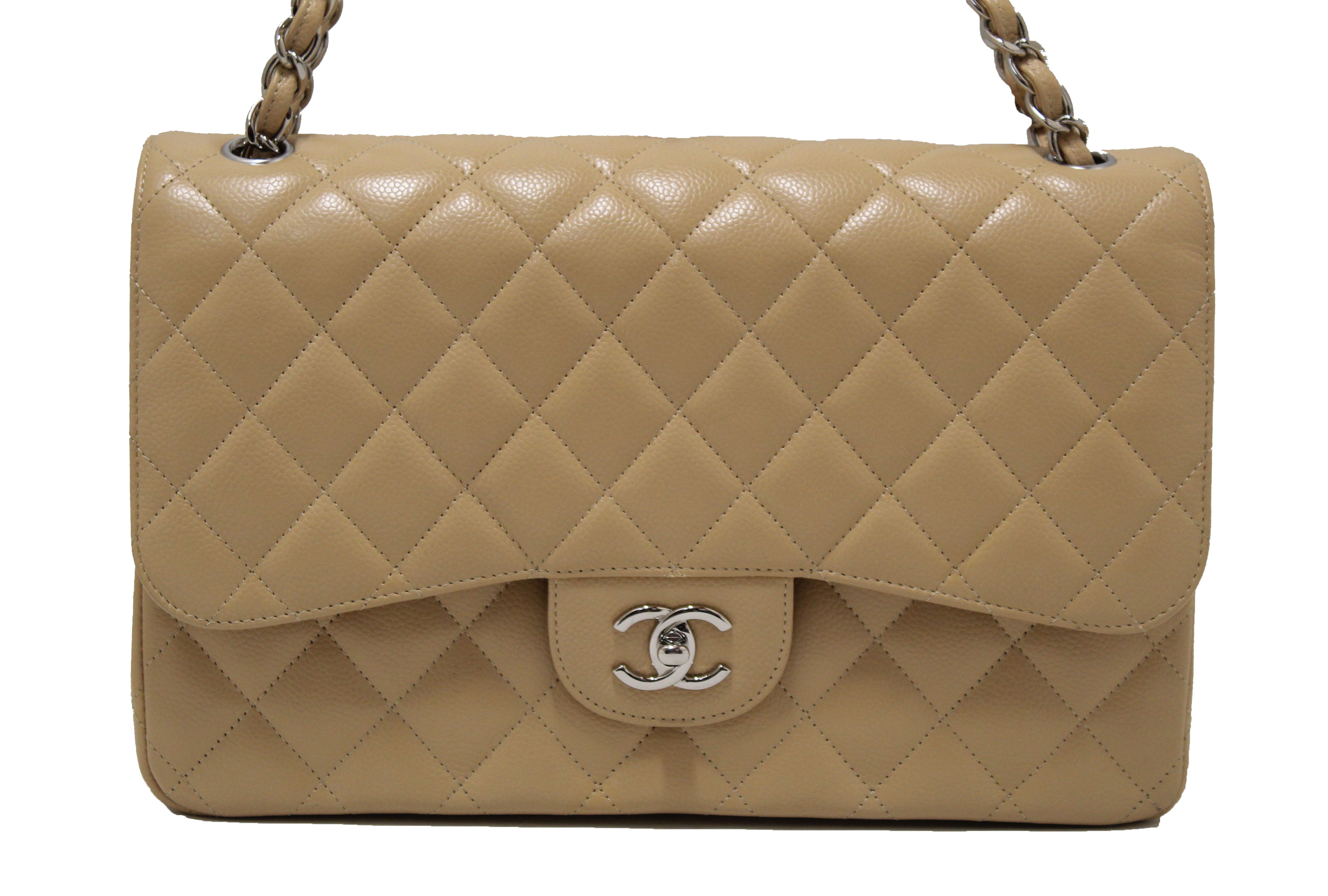 Authentic Chanel Beige Quilted Caviar Leather Classic Jumbo Double Flap Bag - Luxury Designer Handbag for Women, Perfect for Parties, Weddings & Everyday Elegance