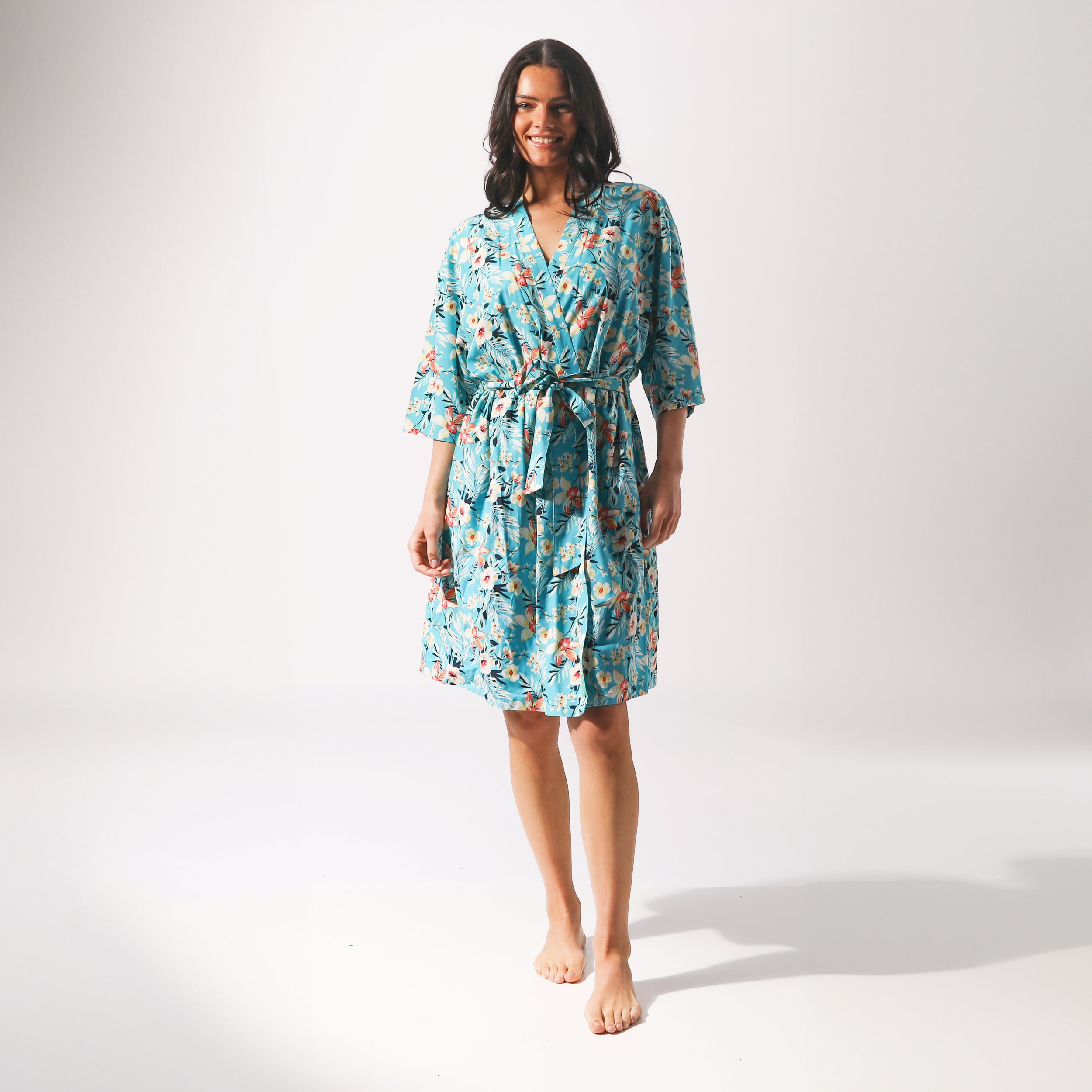 Women's Twilight Floral Woven Robe - Soft Blue Cotton Kimono Style Bathrobe for Spa, Lounge & Home Relaxation