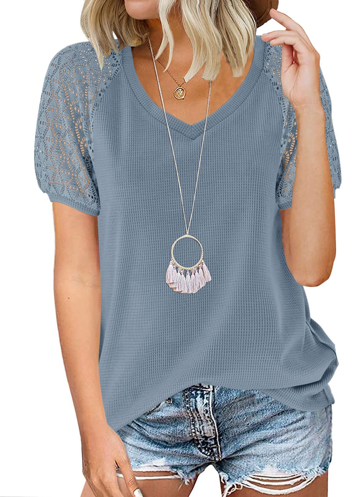 MEROKEETY Women's Summer Lace Short Sleeve V-Neck Blouse - Loose Casual Waffle Knit Top for Beach, Vacation & Everyday Wear