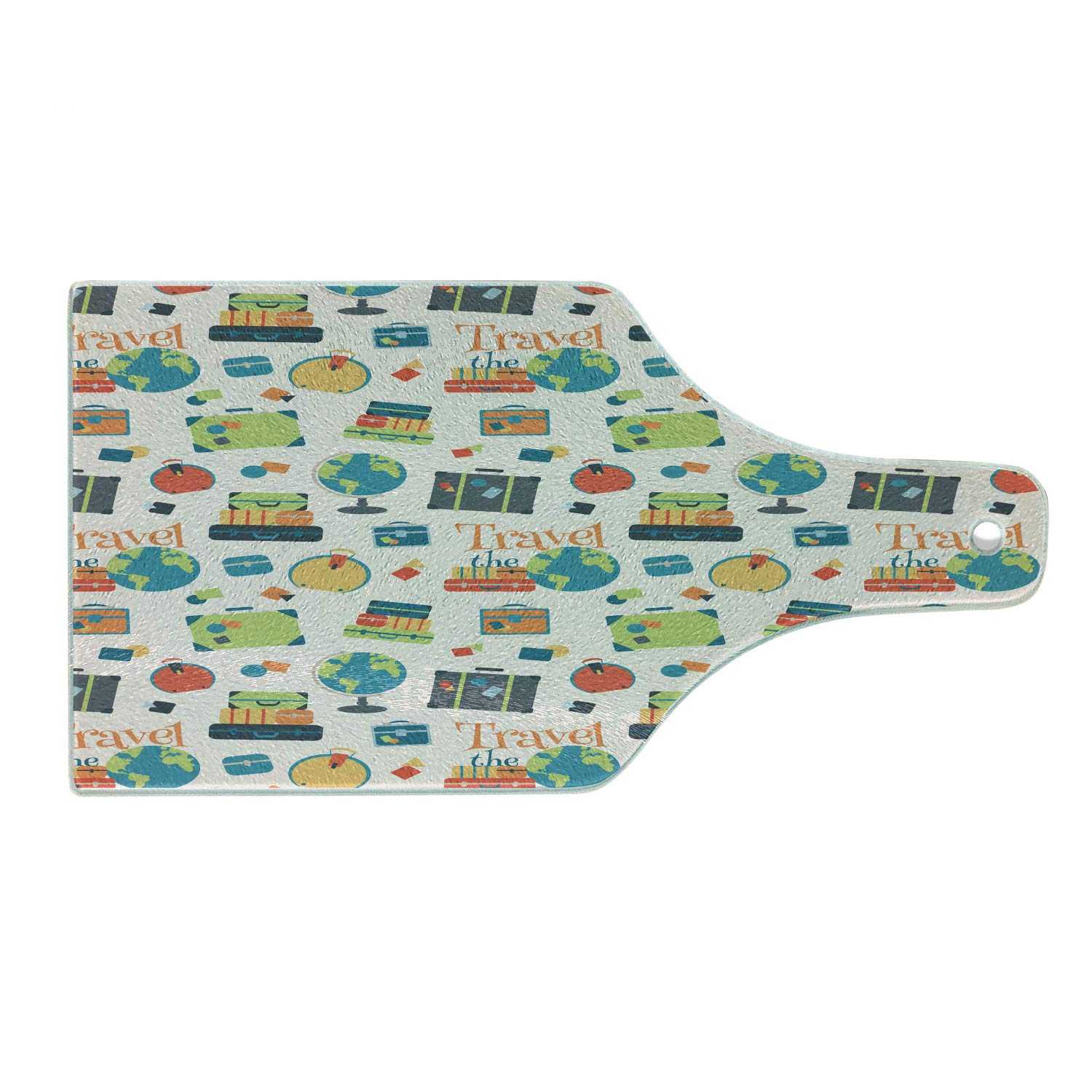 Ambesonne Travel The World Cutting Board - Colorful Suitcases & Earth Globe Design, Tempered Glass Serving Board for Kitchen & Dining - Perfect for Wine Bottle Display, Charcuterie, and Entertaining