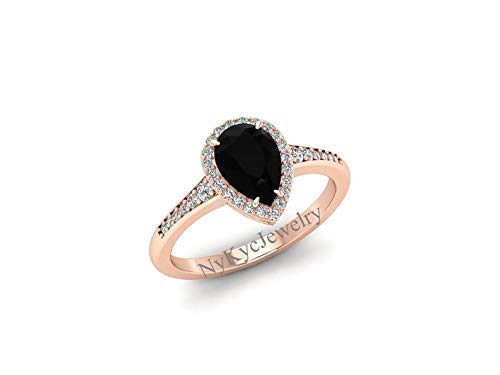 Natural Black Onyx Engagement Ring Sterling Silver - Rose Gold Halo Unique Solitaire Ring for Women - Half Eternity Band - Pear Shape Black Onyx Jewelry - Wedding, Proposal, Anniversary Gift - Perfect for Bridal, Evening Wear & Special Occasions