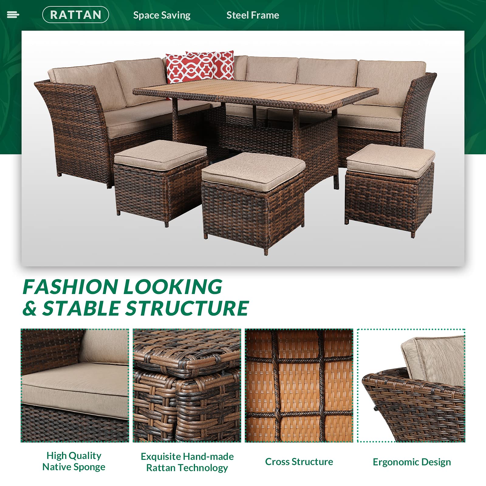 VIVIJASON 7-Piece All-Weather Wicker Patio Furniture Set - Outdoor Sectional Sofa with Ottoman, Garden Dining Table & Chairs, Brown Rattan Conversation Set for Backyard, Poolside & Terrace Relaxation