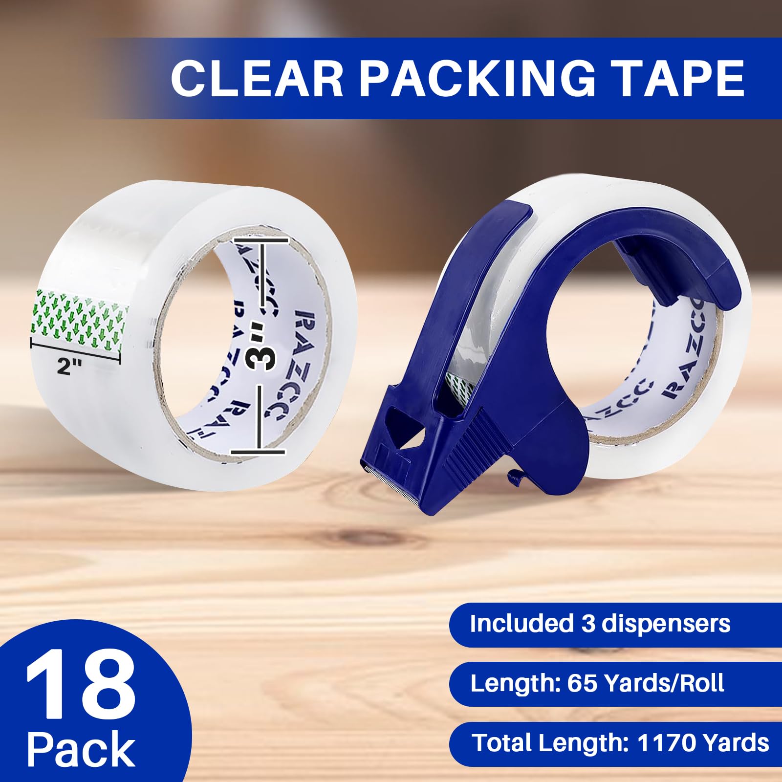 Premium Clear Packing Tape - 18 Rolls Heavy Duty Packaging Tape with Dispensers (2