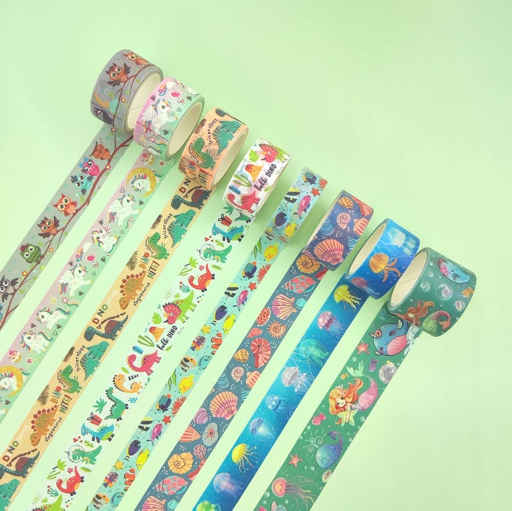 Glow in The Dark Washi Tape Set - 8 Rolls Cute Creatures Decorative Masking Tapes for DIY Crafts, Scrapbooking, Journaling, Planner Decor & Gift Wrapping | Perfect for Nighttime Projects, Kids' Rooms & Creative Arts