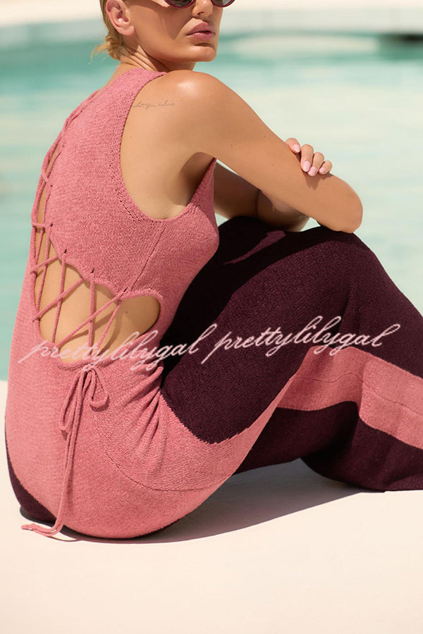 Stylish Sunday At The Beach Knit Color Block Hollow Lace Up Cover Up Maxi Dress - Perfect for Beach Vacations, Pool Parties & Summer Outings