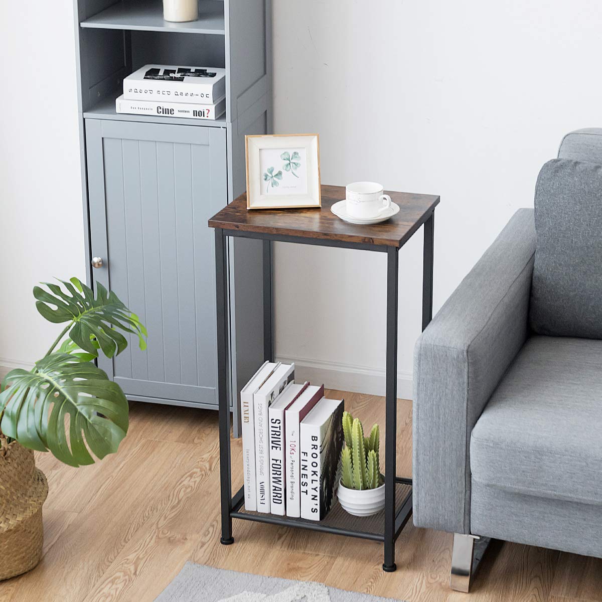 Modern 2-Tier/3-Tier End Table with Metal Mesh Storage - Industrial Style Nightstand for Living Room & Bedroom | Perfect for Small Spaces, Home Office & Apartment Decor