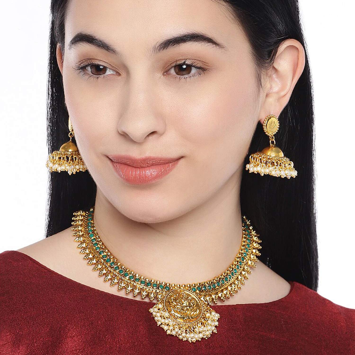 Authentic Indian Temple Necklace & Jhumka Dangle Earrings Set with Faux Stones - Traditional Bollywood Wedding Jewelry Gift for Women - Perfect for Bridal, Festive & Cultural Events