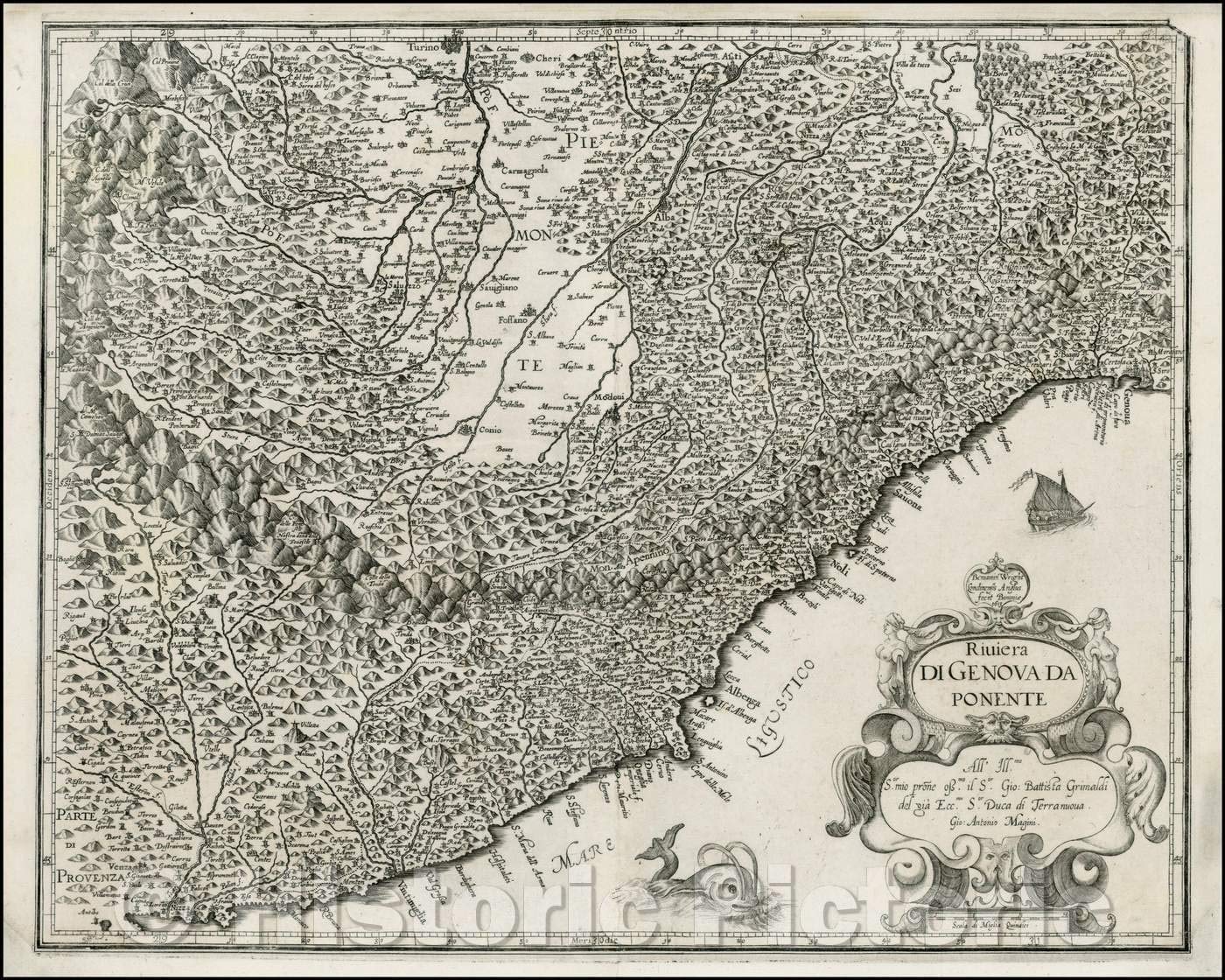 Vintage Historic Map of Italian Riviera - 1613 Giovanni Antonio Magini Wall Art 55x44 inches | Antique Riviera di Genova Map from Nice to Genoa Extending to Turin | Perfect for Home Decor, Office & History Lovers