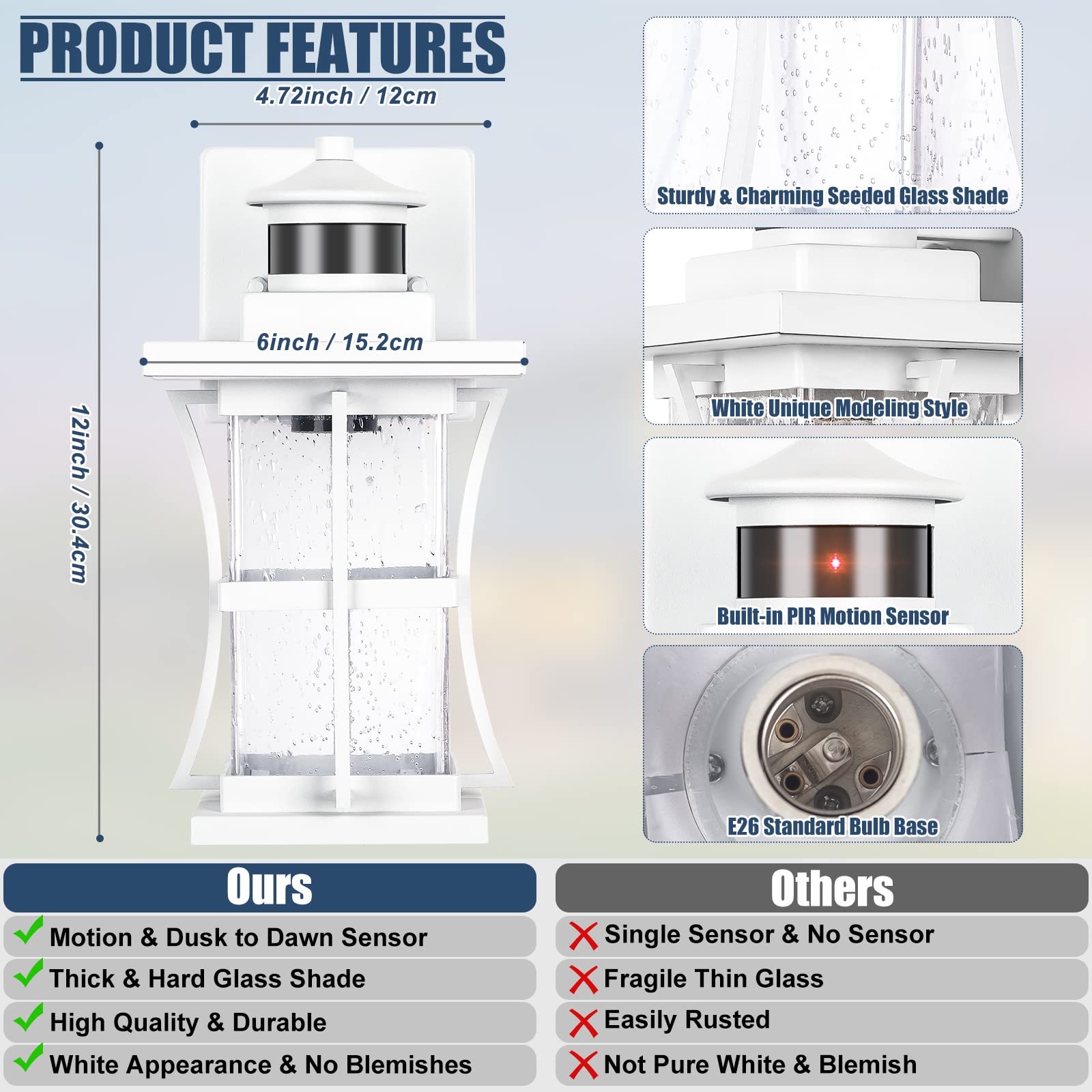 White Motion Sensor Outdoor Lights - Dusk to Dawn Waterproof Wall Mount Fixtures, Anti-Rust Exterior Lighting for House, Garage & Porch | Ideal for Security, Pathway & Entryway Illumination