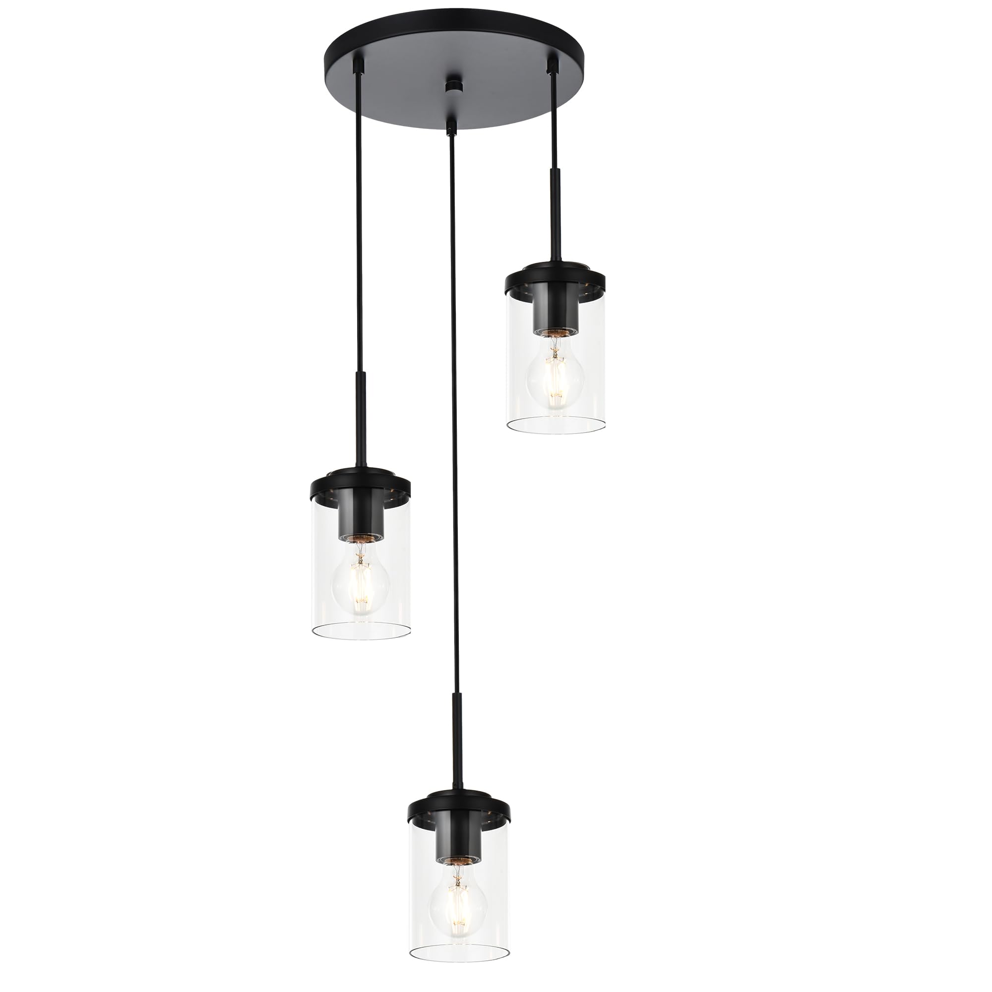 BONLICHT 3-Light Matte Black Industrial Glass Chandelier - Modern Farmhouse Cluster Pendant Lighting for Kitchen Island, Dining Room, Foyer & Hallway | Durable Hanging Ceiling Fixture for Home & Restaurant Decor