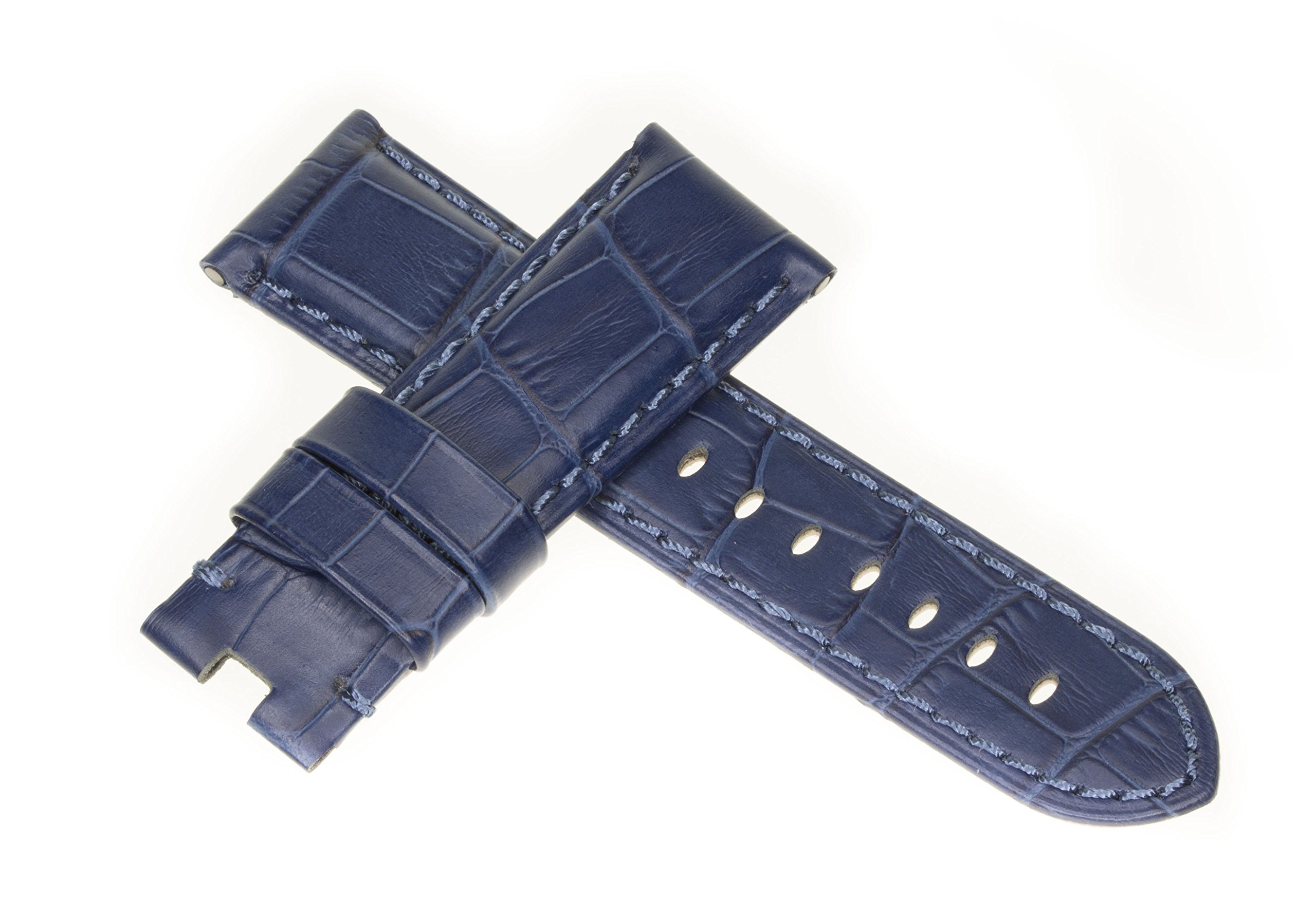22mm Navy Blue Grain Leather Watch Band with Blue Stitch - Deployment Clasp Compatible with Panerai Watches | Vintage Style for Men's Dress & Casual Wear