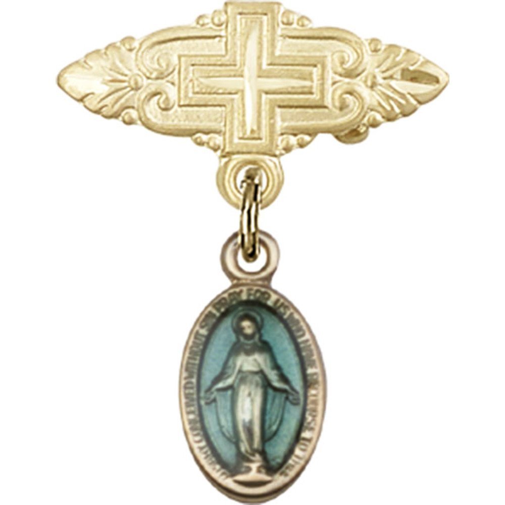 Gold Filled Baby Badge with Blue Miraculous Charm - 7/8 X 3/4 Inch Cross Pin - Perfect for Christening Gifts, Baby Showers & Religious Ceremonies