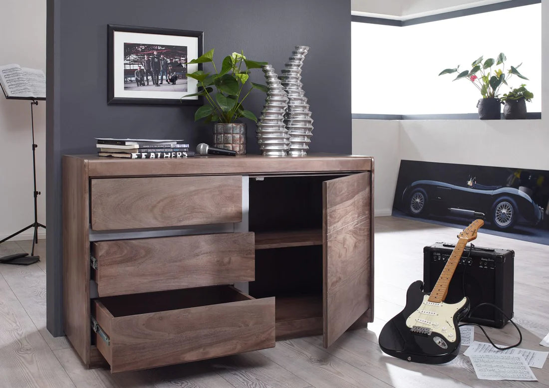 Gfine Solid Sheesham Wood Sideboard - Single Door & 3 Drawers, 127x46x76cm - Perfect for Living Room Storage & Dining Room Organization