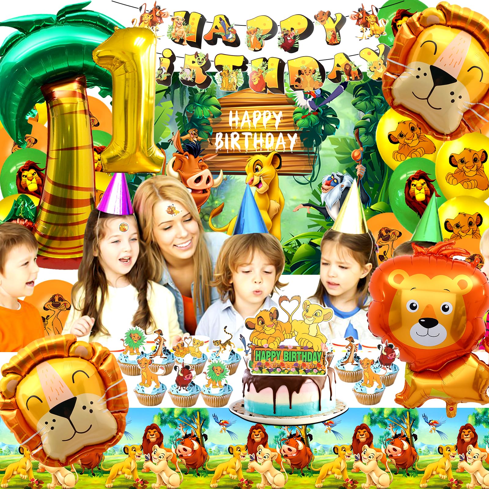 1st Birthday Lion Theme Party Decorations Set - Balloons, Tablecloth, Birthday Flag for Baby Boy & Girl - Perfect for Kids' Birthday Parties, Baby Showers & Themed Celebrations