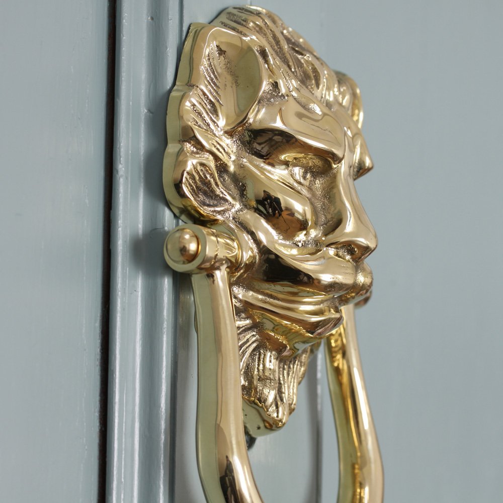 Polished Brass Lion Door Knocker - Large Antique Style Door Knocker for Front Entry Doors - Perfect for Victorian, Gothic & Traditional Home Decor