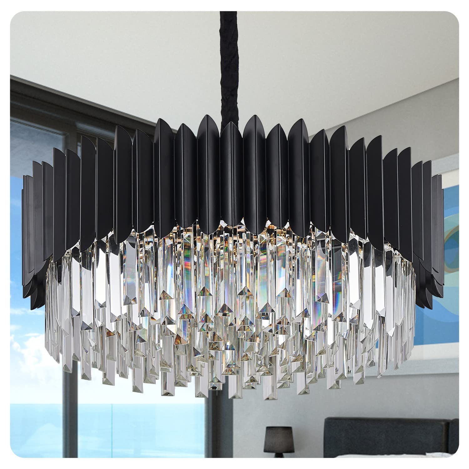 YOLIZUOT 23.62'' Black Crystal Chandelier - 5-Tier Adjustable K9 Crystal Round Pendant Light with 10 Lights for Dining Room, Living Room, Entryway - Modern Luxury Ceiling Fixture for Home Decor & Wedding Venues