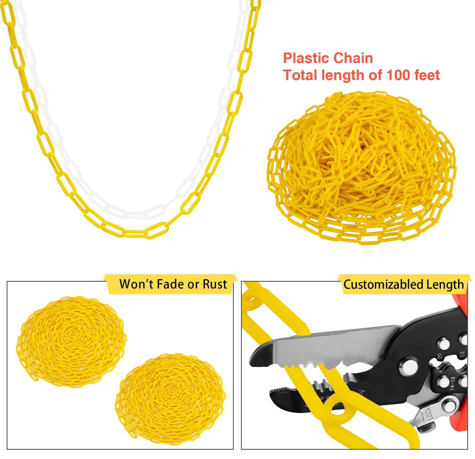 Bright Yellow Plastic Safety Barrier Chain - 1.5-Inch Link Diameter, 100-Foot Length for Crowd Control, Queue Management & Parking Safety | Ideal for Events, Retail Stores, Construction Sites & Public Areas