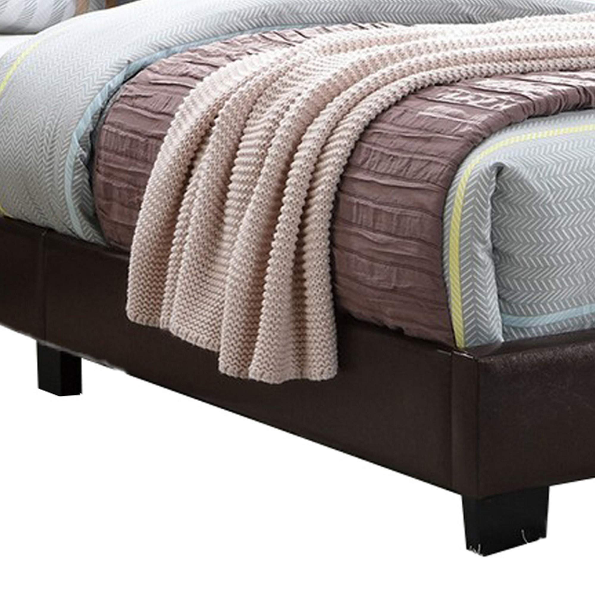Benjara Transitional Style Leatherette Queen Size Bed Frame with Padded Headboard - Brown Faux Leather Upholstered Platform Bed - Perfect for Master Bedroom, Guest Room or Apartment