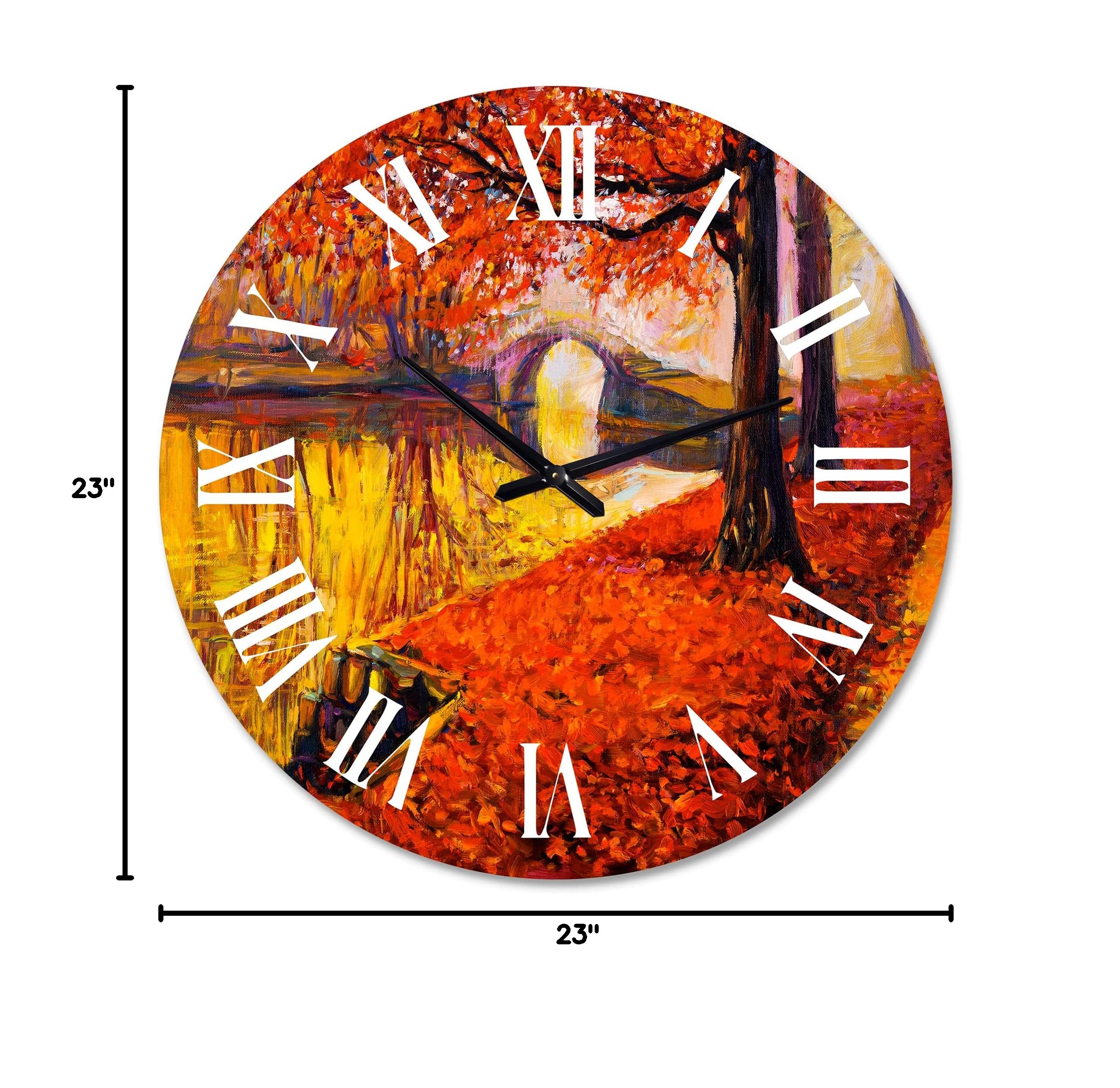 DesignQ Traditional Wall Clock - Orange Autumn Landscape with Little Bridge - Large Nature-Inspired Wall Clock for Home & Office Decor - Perfect for Living Room, Bedroom, and Workspace