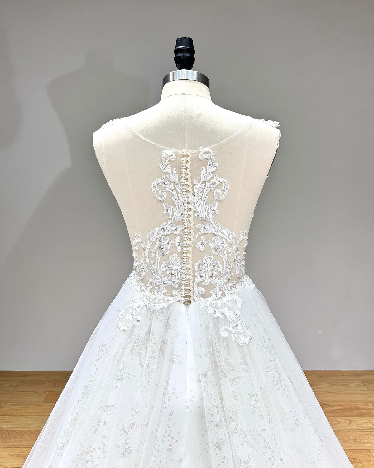 Elegant Off-the-Shoulder A-Line Wedding Dress with Pearl Embellishments & Illusion Back - Perfect for Beach, Garden and Church Weddings