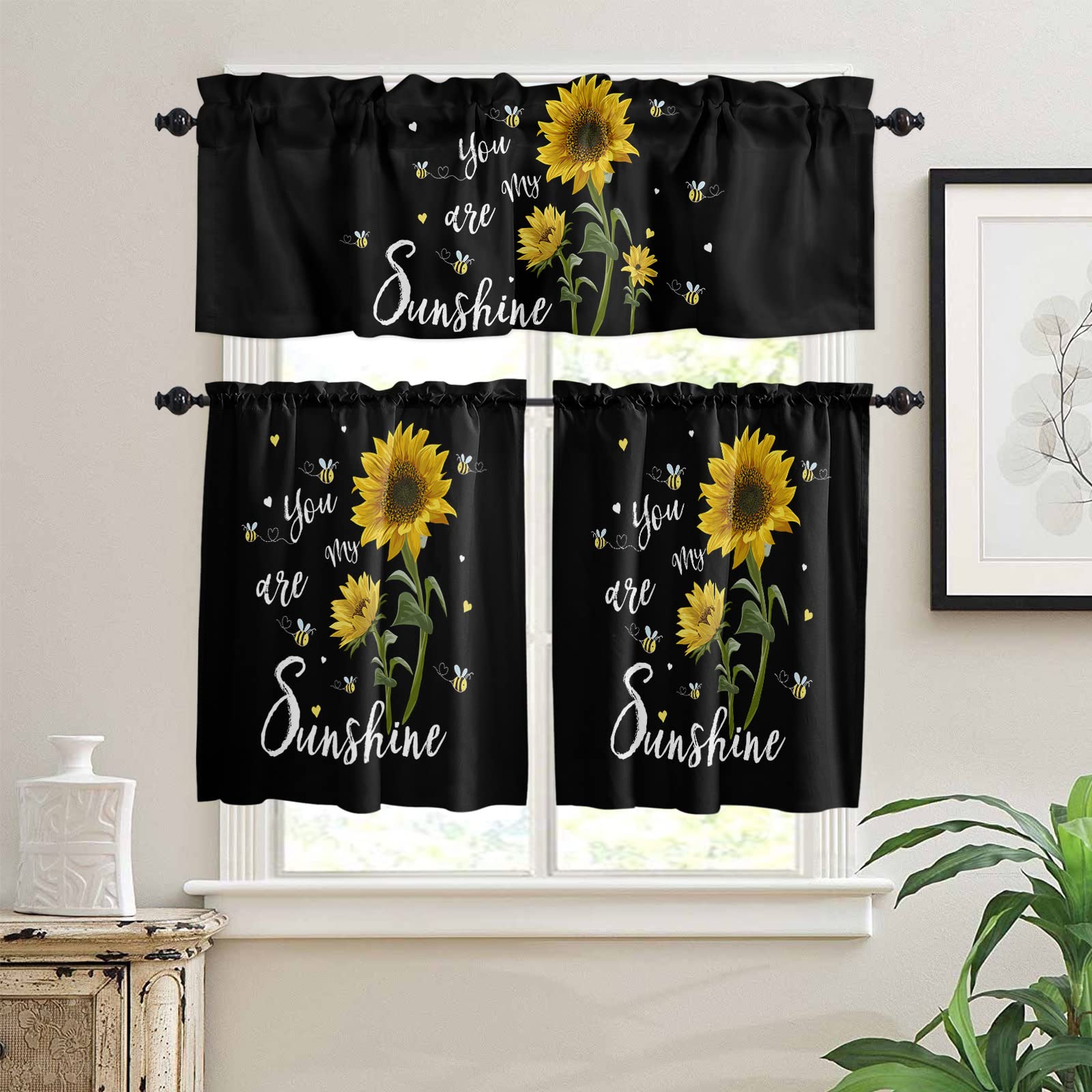 Sunflowers 3-Piece Kitchen Curtain Set with Valance & Tier Panels - Insulated Blackout Drapes for Small Windows - Perfect for Kitchen & Bathroom Decor - 'You Are My Sunshine' Design - Ideal for Privacy, Light Control & Farmhouse Style Home Decor