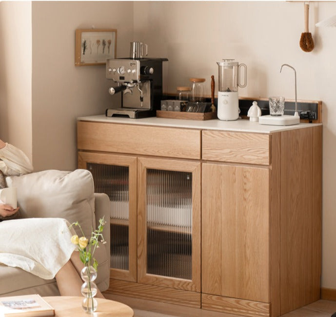 Solid Oak Wood Sideboard Buffet Cabinet - Multi-Functional Storage Locker with Drawers & Shelves for Dining Room, Living Room, and Entryway Organization