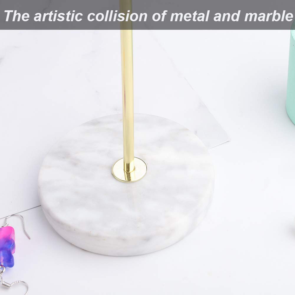 Metal T-Bar Jewelry Organizer Stand - Necklace Display & Earrings Holder with Marble Pattern Round Tray for Bracelets, Rings, Watches - Perfect for Home Decor & Boutique Store Display (Gold)