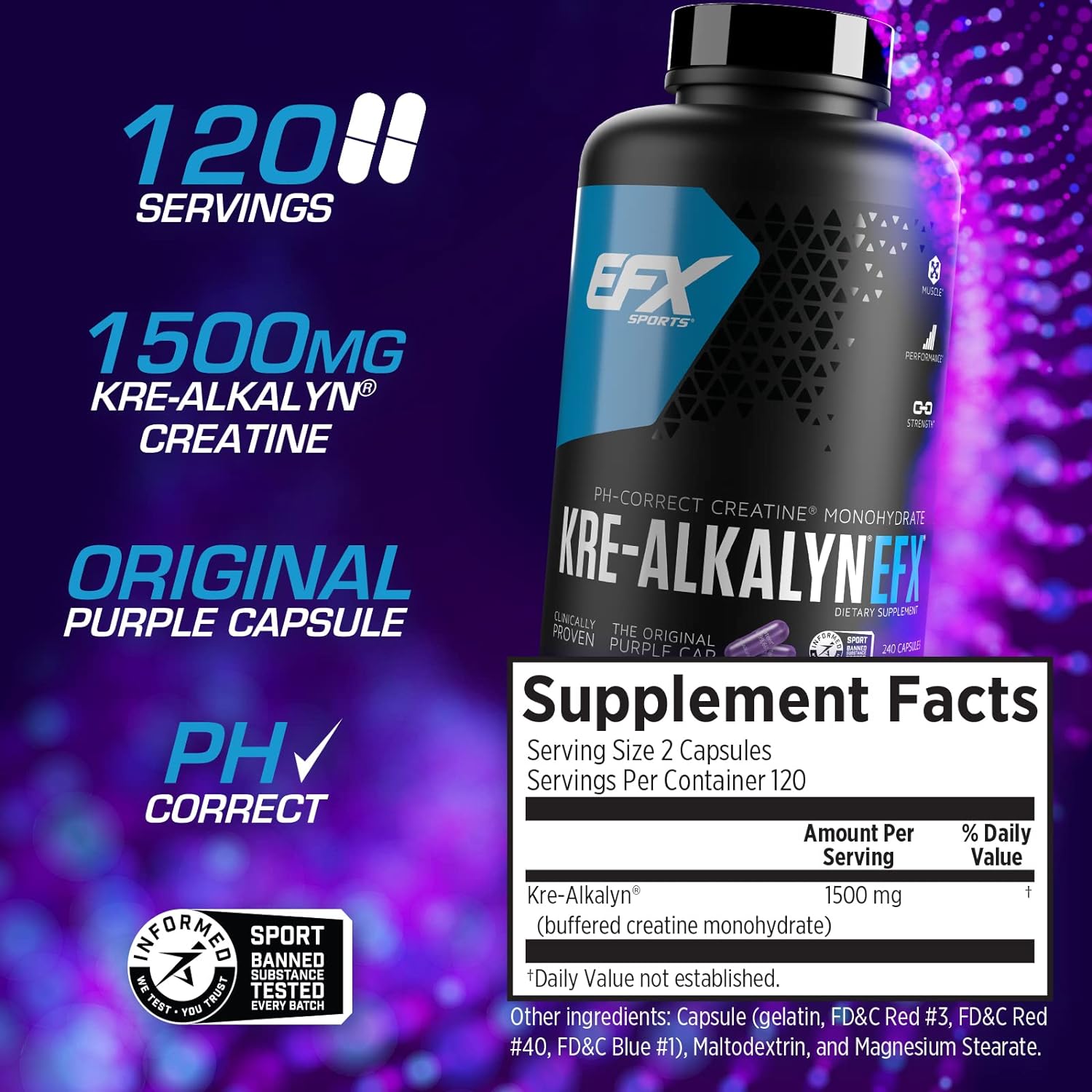EFX Sports Kre Alkalyn 240 Capsules - Premium Creatine Supplement for Muscle Growth & Strength | Ideal for Athletes, Bodybuilders & Fitness Enthusiasts