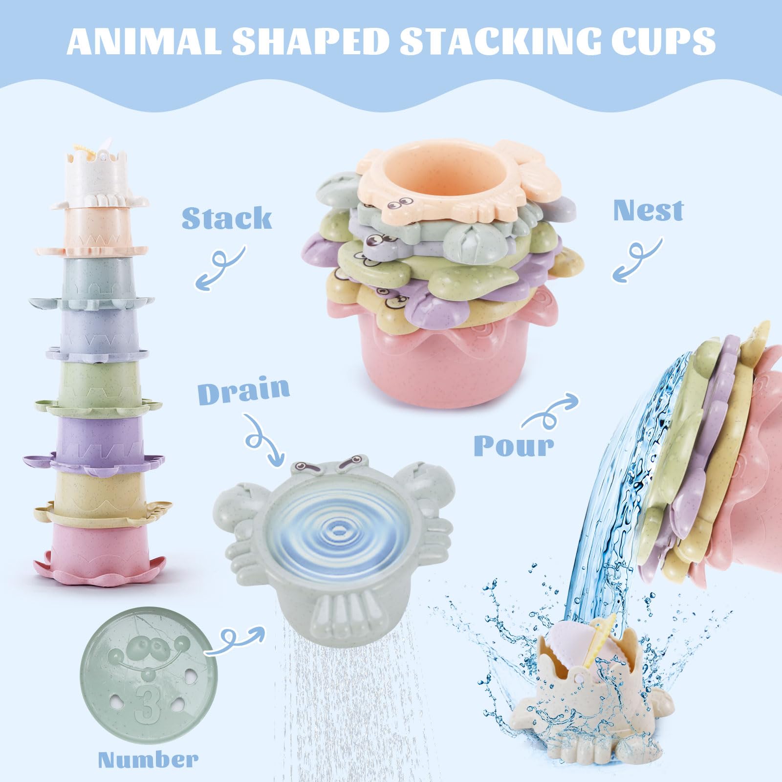 Chinloca Bath Toys for Toddlers & Kids - Fun Baby Bathtub Toys Set with Boats, Stacking Cups & Squirters | Perfect for Sensory Play, Bath Time Learning & Water Play Activities