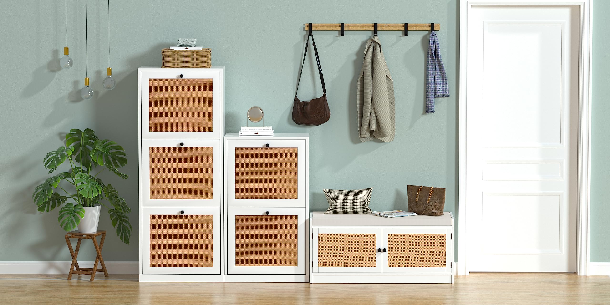 Anmytek White Rattan Shoe Cabinet - 2-Tier Wooden Shoe Rack with 2 Flip Drawers, Entryway Storage Organizer for Hallway, Living Room & Bedroom (Model S0002) - Perfect for Small Spaces, Apartment Entryways & Shoe Organization